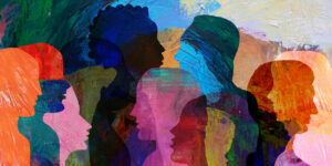 Group of diverse people profile view hand drawn silhouettes talking